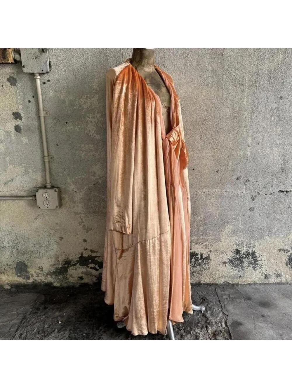 Antique 1920s Flapper Peach Silk Velvet Kimono Wrap Gown Opera Coat